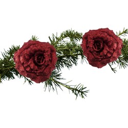 2x stuks kerstboomversiering bloem op clip rode glitter roos 18 cm - Kersthangers