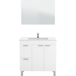 Meubel met keramische wastafel 80 cm, 2 deuren, 2 laden en spiegel - Aktiva