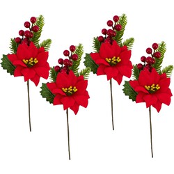 4x stuks kerststukje stekertjes met hulst/bessen/dennentak/kerstster groen/rood 26 cm - Kerststukjes