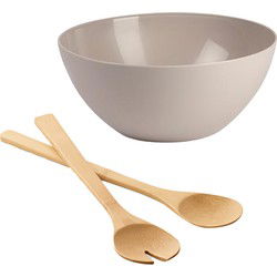 Salade/fruit serveer schaal - beige - kunststof - Dia 25 cm - incl. bamboe Sla couvert/bestek - Serveerschalen