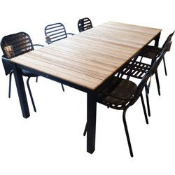 Tuinset Arashi tafel black, teak 220x90 cm met 4 stoelen Tomo stoel black kussens