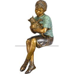 A BRONZE SCULPTURE OF A GIRL HOLDING HER CAT