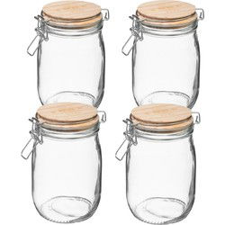5Five Weckpot/voorraadpot - 4x - 1L glas - houten deksel en beugelsluiting - Voorraadpot