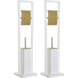 2x stuks toiletborstels met toiletrolhouder wit/goud metaal 80 cm - Toiletborstels
