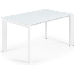 Kave Home - Axis uitschuifbare tafel in wit glas en wit stalen poten 140 (200) cm