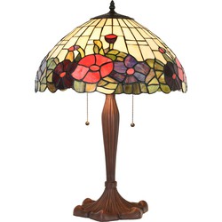 LumiLamp Tiffany Tafellamp  Ø 42x60 cm  Beige Rood Glas Kunststof Rond Bloemen Tiffany Bureaulamp