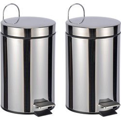 Pedaalemmer - 2x - zilver - 23 cm - 3 liter - RVS - vuilnisbak - Pedaalemmers