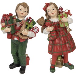 Clayre & Eef Decoratie Beeld Kinderen set van 2 / 13 cm Rood Groen Polyresin Kerstdecoratie