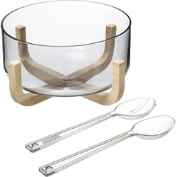 Secret de Gourmet Slakom/schaal met slacouvert - Glas/hout - D24 cm - Saladeschalen