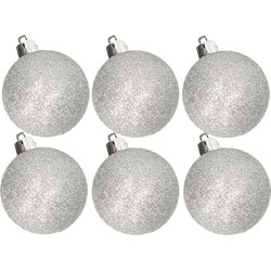 6x stuks kunststof glitter kerstballen zilver 6 cm - Kerstbal