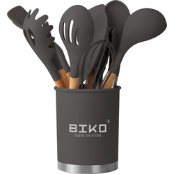 BIKO Kookgerei - Keukengerei Kitchen Set - 13 delige set - Bamboe hout - Siliconen - BPA vrij - Zwart