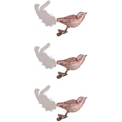 3x stuks luxe glazen decoratie vogels op clip velvet roze 11 cm - Kersthangers