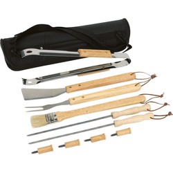 Barbecue gereedschap set RVS met houten handgrepen 10-delig met opbergetui - Barbecuegereedschapset