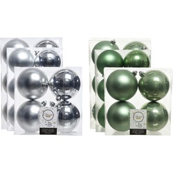 Kerstversiering kunststof kerstballen mix salie groen/zilver 6-8-10 cm pakket van 44x stuks - Kerstbal