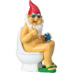 Tuinkabouter beeld Happy Nudist - Polystone - Op het toilet - 15 x 25 cm - Tuinbeelden