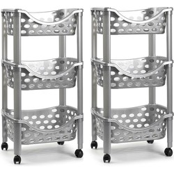Set van 2x keukentrolley/roltafel 3 laags kunststof zilver 40 x 65 cm - Opberg trolley