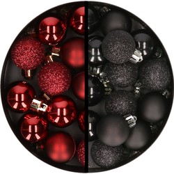 34x stuks kunststof kerstballen donkerrood en zwart 3 cm - Kerstbal