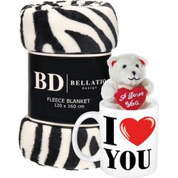 Valentijn cadeau set - Fleece plaid/deken zebra print met I love you mok en beertje - Plaids