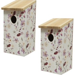 2x stuks vurenhouten/houten vogelhuisjes bloem opdruk 12 x 13,5 x 26 cm - Vogelhuisjes