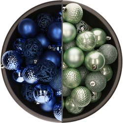 74x stuks kunststof kerstballen mix van mintgroen en kobalt blauw 6 cm - Kerstbal