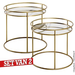 Salontafel set van 2 | Elegant Goud kleurig sterk stalen ronde bijzettafel set met kristal spiegel glas bladen | Goud stalen tafel set