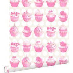 ESTAhome behang cupcakes op glanzende stip roze - 53 cm x 10,05 m - 138723