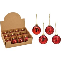 G. Wurm Kerstballen set - 12x stuks - glas - rood - gedecoreerde - 6 cm - kerstversiering - Kerstbal