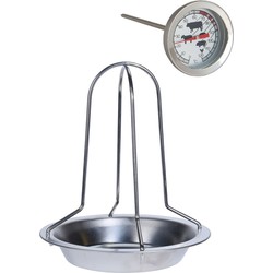 RVS kiprooster/kiphouder/kippenrooster voor de barbecue/BBQ/oven 20 cm met vleesthermometer - barbecueroosters