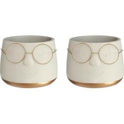 Ideas4seasons Bloempot/plantenpot bril - 2x - wit/goud - voor kamerplant - D14 x H11 cm - Plantenpotten