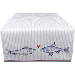 Clayre & Eef Tafelloper  50x140 cm Wit Blauw Katoen Rechthoek Vissen Tafelkleed