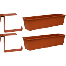 Set van 4 kunststof plantenbakken terracotta rechthoekig 60 cm met 8 verstelbare railing beugels - Plantenbakken