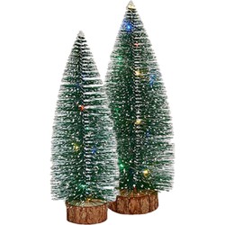 Kleine/mini decoratie kerstboompjes set van 2x st met gekleurd licht 30-35 cm - Kerstdorpen