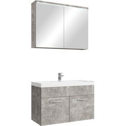 Badplaats Badkamermeubel Set Paso 02 80 x 40 cm - Beton Grijs - Badmeubel met Wastafel en Spiegelkast