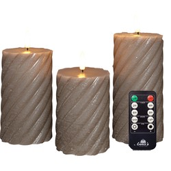 Anna Collection LED kaarsen set - 3x st - taupe grijs- swirl - stompkaarsen - LED kaarsen