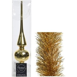 Kerstversiering glazen piek glans 26 cm en folieslingers pakket goud van 3x stuks - kerstboompieken