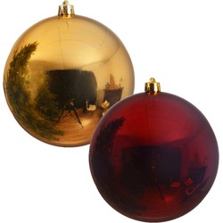 2x stuks grote kerstballen van 20 cm glans van kunststof goud en rood - Kerstbal