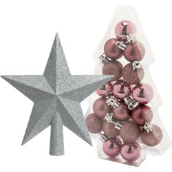 17x stuks kerstballen roze 3 cm inclusief ster piek zilver kunststof - Kerstbal