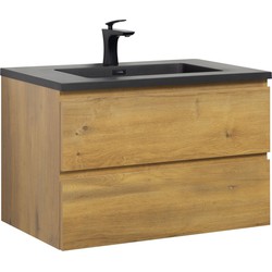 Badplaats Badkamermeubel Set Angela 80cm - Eiken - Badmeubel met Zwarte Wastafel