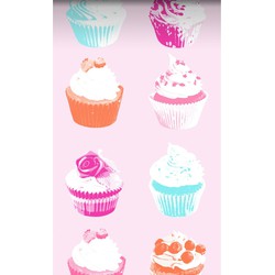 ESTAhome XXL behang cupcakes roze, blauw, wit en oranje - 50 x 900 cm - 158715