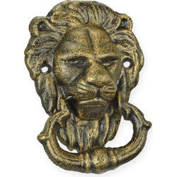 A PAIR OF CAST IRON LION HEAD DOOR KNOCKERS