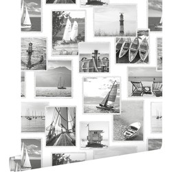 ESTAhome behang foto collage strand donkergrijs en wit - 0,53 x 10,05 m - 138956
