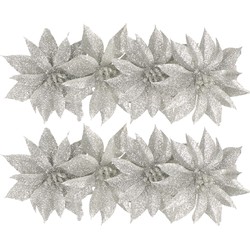 Kerstboom bloemen op clip 8x stuks zilver glitter 9.5 cm - Kersthangers