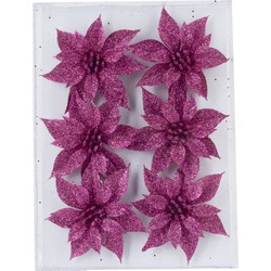 6x stuks decoratie bloemen rozen fuchsia roze glitter op ijzerdraad 8 cm - Kunstbloemen