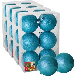 24x stuks kerstballen ijsblauw glitters kunststof 8 cm - Kerstbal