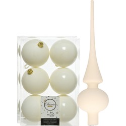 Set van 12x stuks kunststof kerstballen 8 cm en glazen piek wol wit - Kerstbal