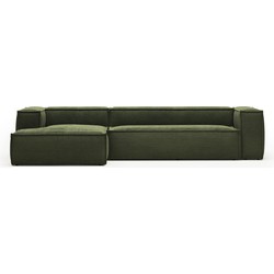 Kave Home - 4-zitsbank Blok met chaise longue links in groen ribfluweel/corduroy 330 cm