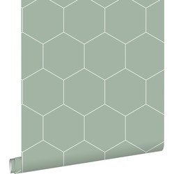 ESTAhome behang hexagon vergrijsd groen en wit - 0,53 x 10,05 m - 139227