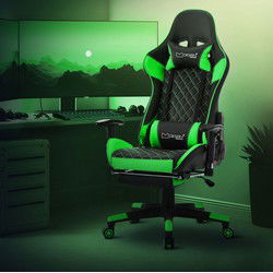 Gaming stoel met uittrekbare voetsteun 2D armsteun zwart/groen in kunstleer ML-Design