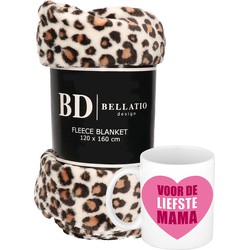 Cadeau moeder set - Fleece plaid/deken luipaard print met Liefste Mama mok - Plaids