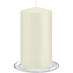 Trend Candles - Stompkaarsen met glazen onderzetters set van 2x stuks - ivoor wit 8 x 15 cm - Stompkaarsen